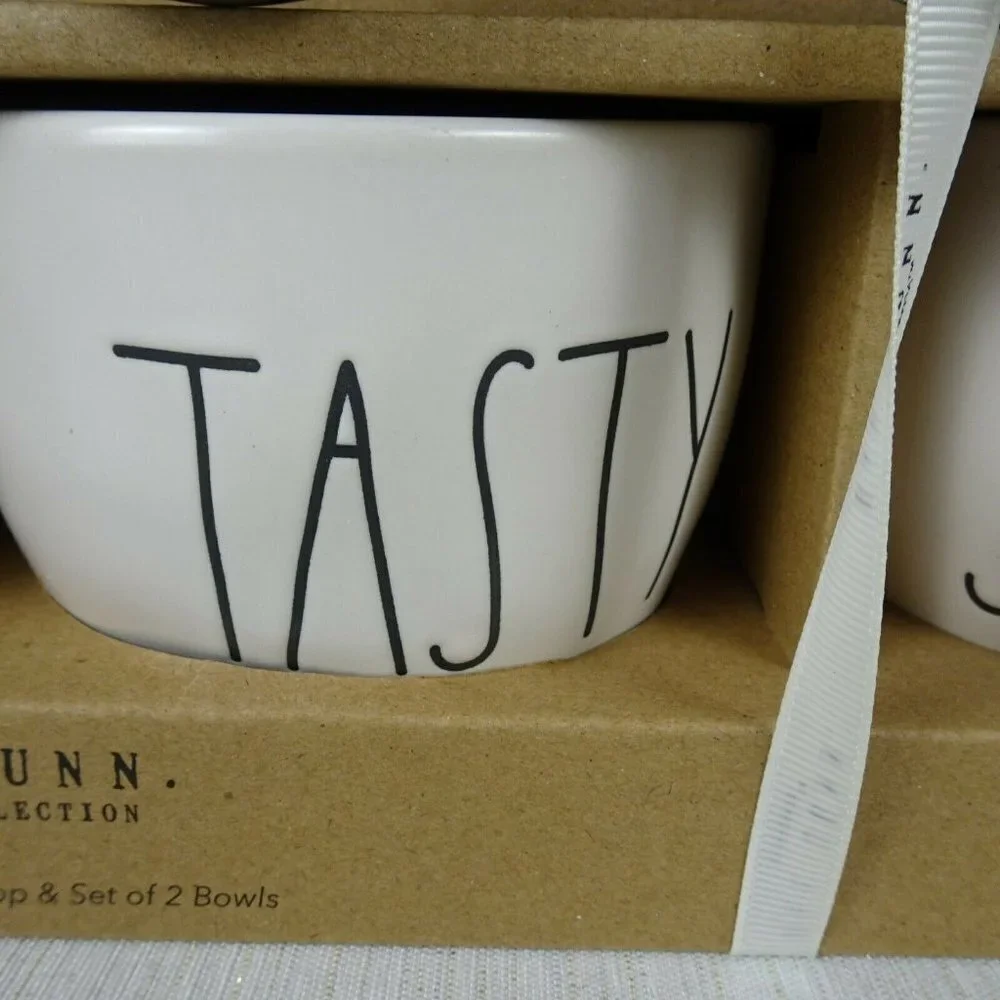 RAE DUNN Tasty And Sweet 3-PC Ice Cream Set 2 Bowls 1 Blue Scoop In Gift Box New